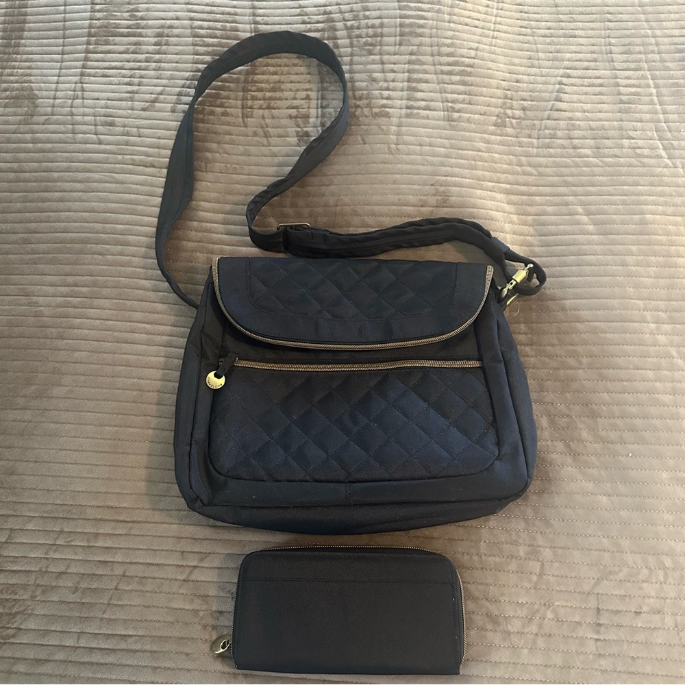 Travelon Black Quilted Nylon Convertible Shoulder Crossbody Bag & Wallet